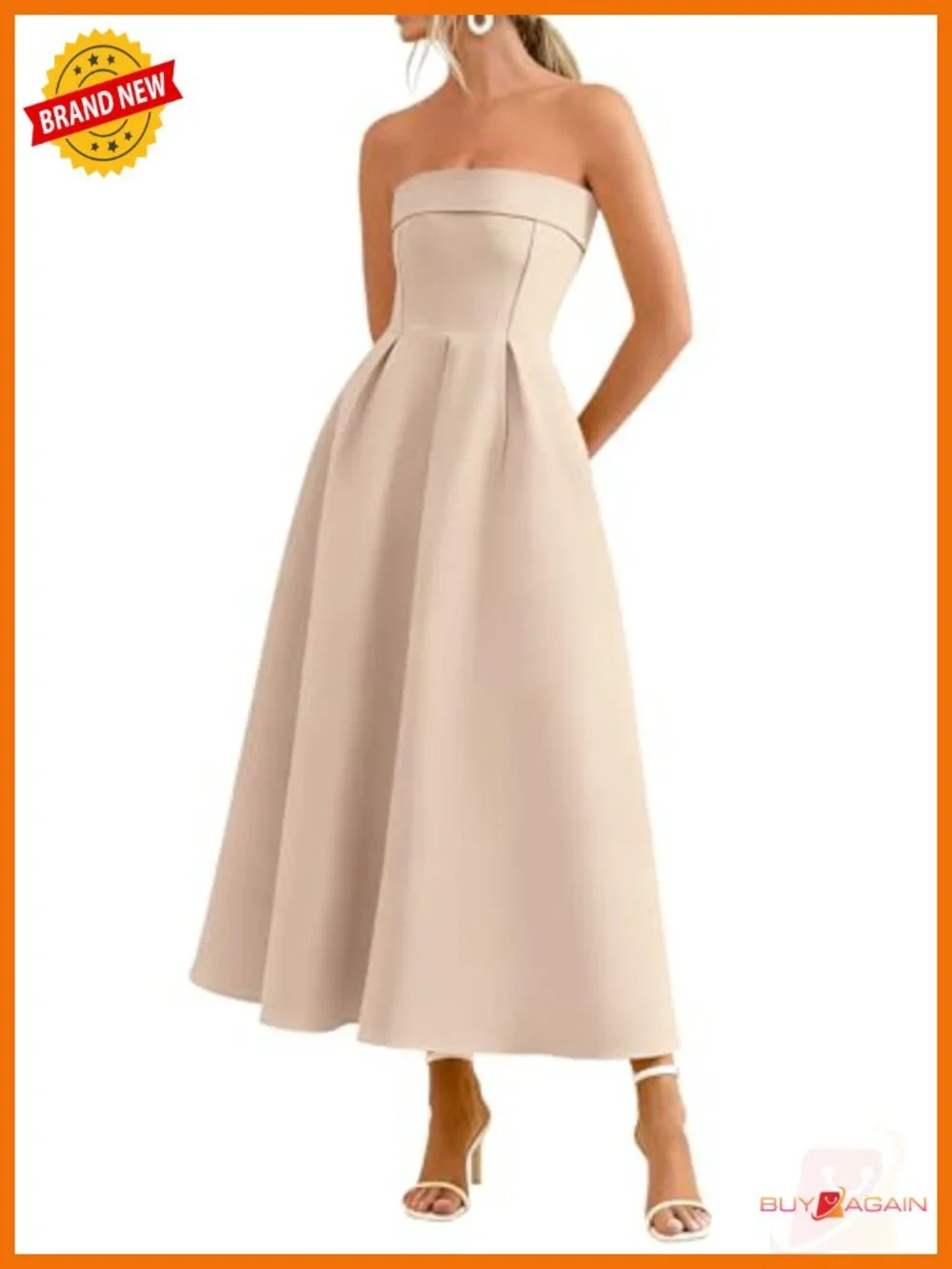 Women's Strapless Midi Cocktail Dress Sleeveless A-Line Formal Party
